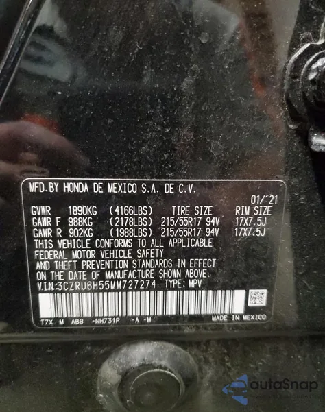 2021 Honda Hr-V Ex from USA, damaged, VIN 3CZRU6H55MM727274